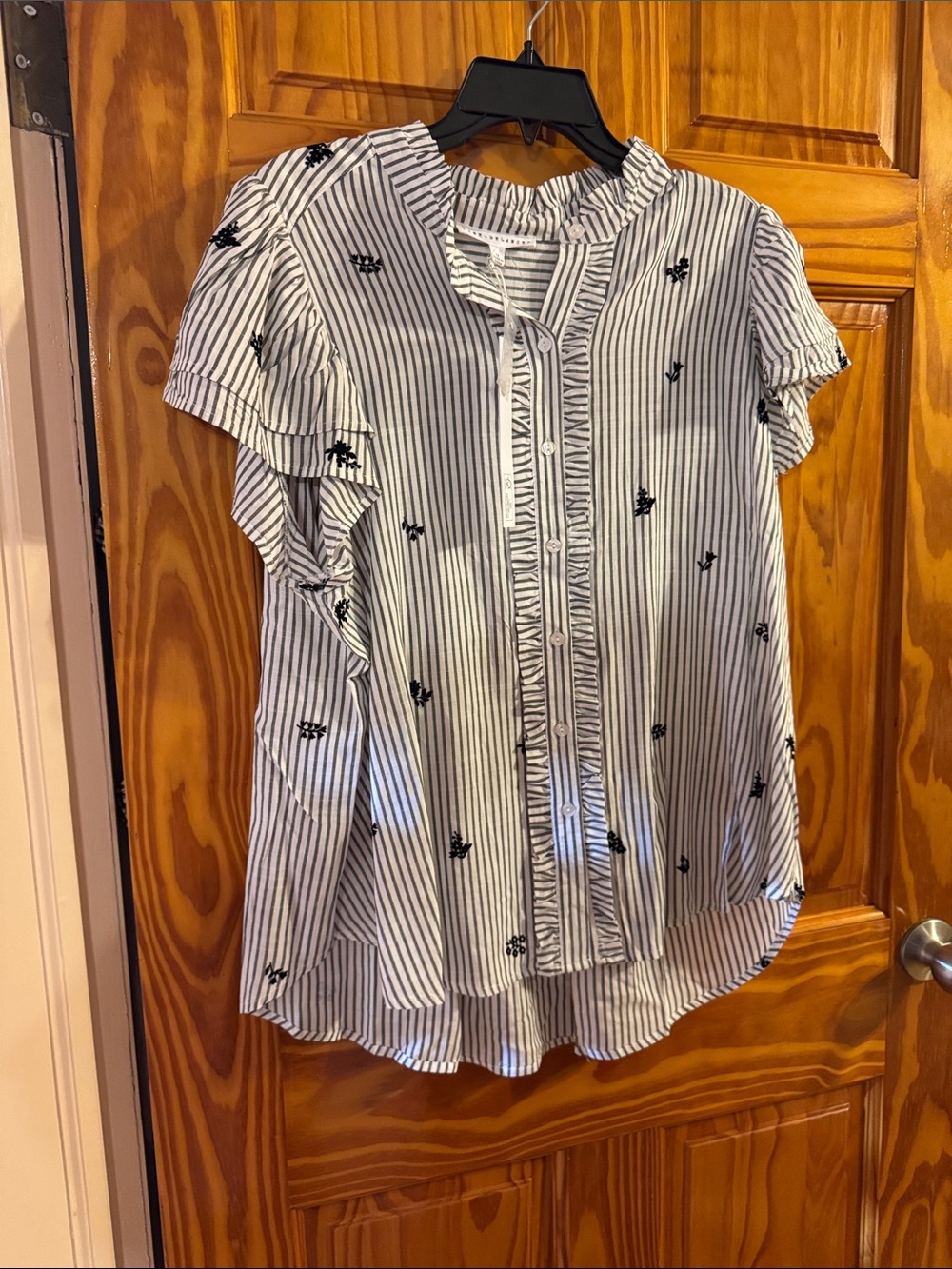 Jane and Delancey Black & White Striped Ruffle Button-Front Blouse